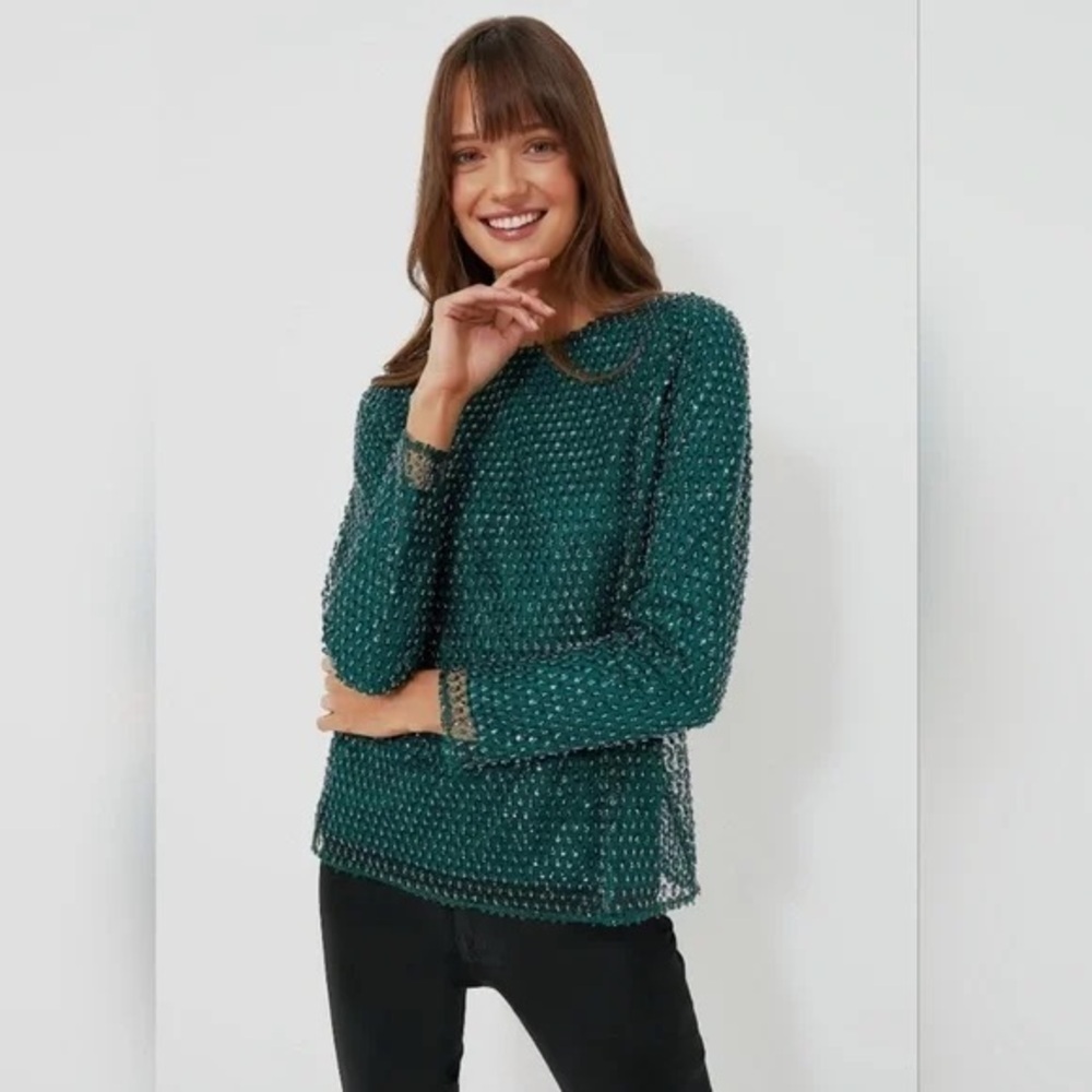 Tuckernuck Hyacinth House Gemma Sequin Blouse XS Green Holiday Glam NWT - Picture 3 of 6